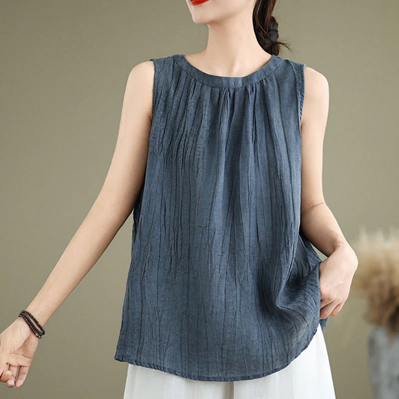 Gilet senza maniche da donna in cotone e lino con scollo rotondo, design semplice, effetto rughe estive, motivo Buddha Stones - Image 18