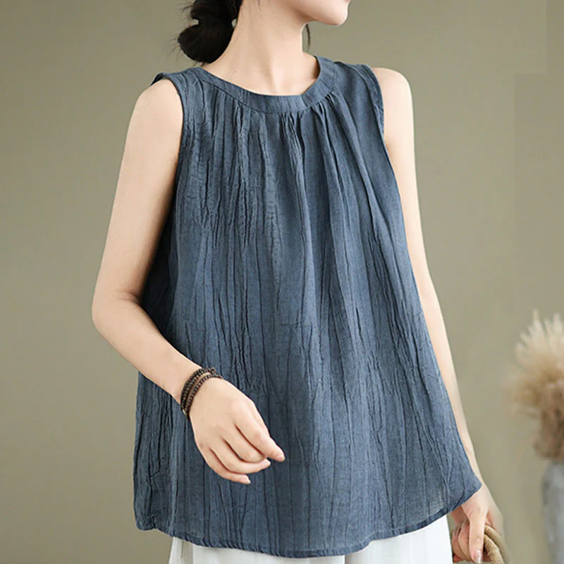 Gilet senza maniche da donna in cotone e lino con scollo rotondo, design semplice, effetto rughe estive, motivo Buddha Stones - Image 19