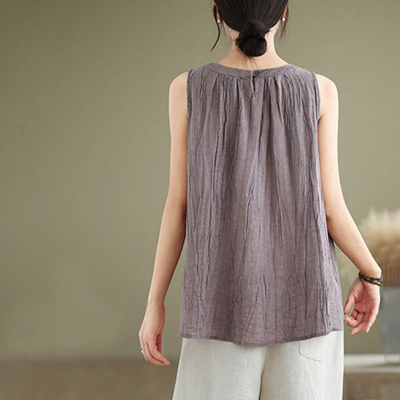 Gilet senza maniche da donna in cotone e lino con scollo rotondo, design semplice, effetto rughe estive, motivo Buddha Stones - Image 24