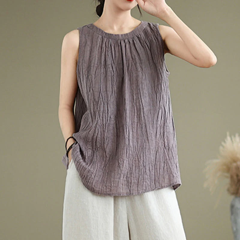 Gilet senza maniche da donna in cotone e lino con scollo rotondo, design semplice, effetto rughe estive, motivo Buddha Stones - Image 25