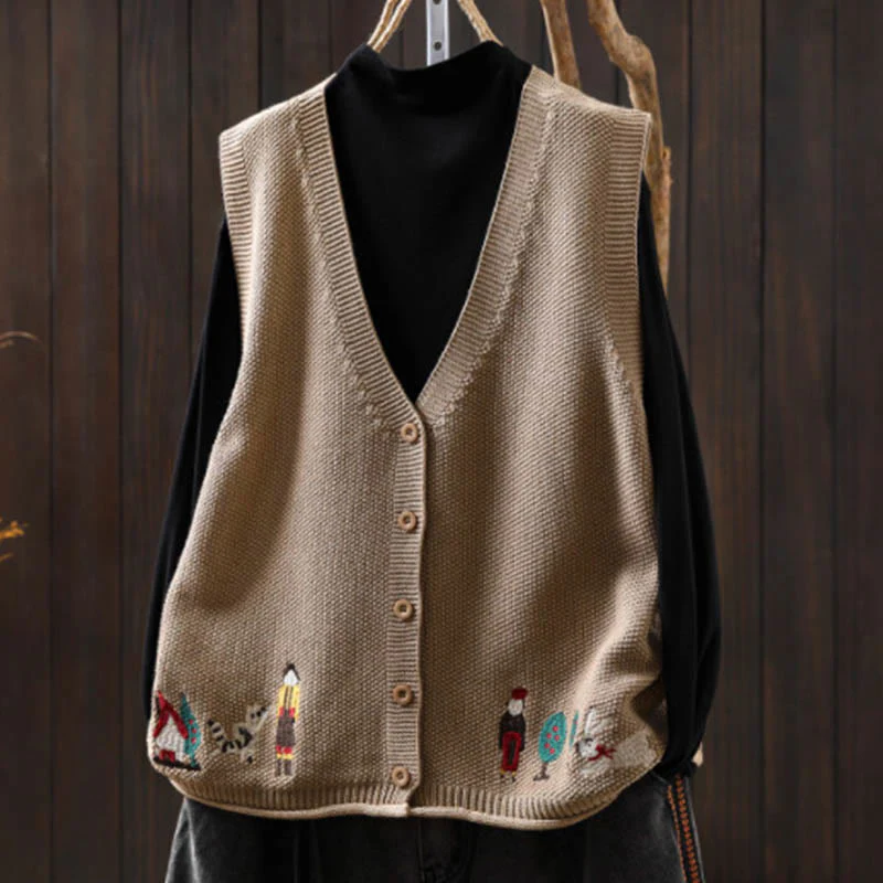 Gilet da donna in maglia di cotone senza maniche con ricamo a forma di albero di coniglio , Buddha Stones - Image 16