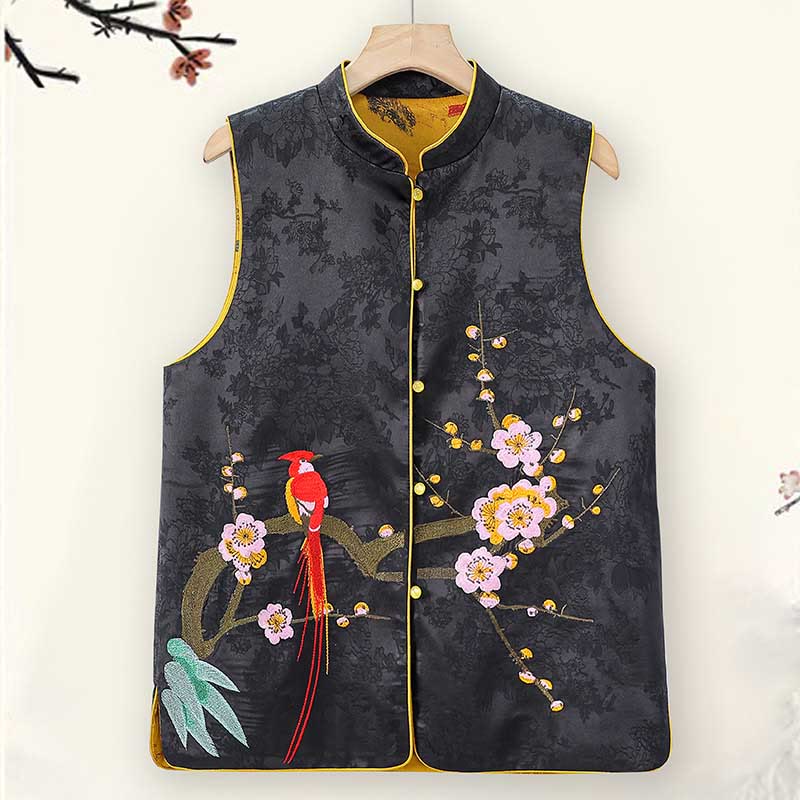 Gilet da indossare su entrambi i lati con motivo a fiori di prugna e ricamo vintage Buddha Stones