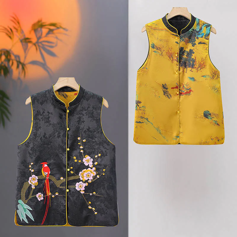 Gilet da indossare su entrambi i lati con motivo a fiori di prugna e ricamo vintage Buddha Stones - Image 11