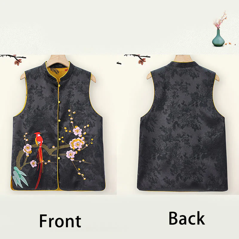 Gilet da indossare su entrambi i lati con motivo a fiori di prugna e ricamo vintage Buddha Stones - Image 12