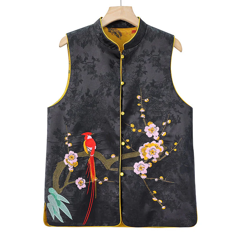 Gilet da indossare su entrambi i lati con motivo a fiori di prugna e ricamo vintage Buddha Stones - Image 13