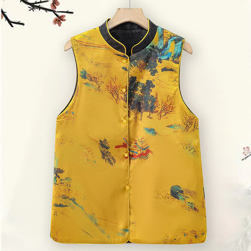 Gilet da indossare su entrambi i lati con motivo a fiori di prugna e ricamo vintage Buddha Stones - Image 3