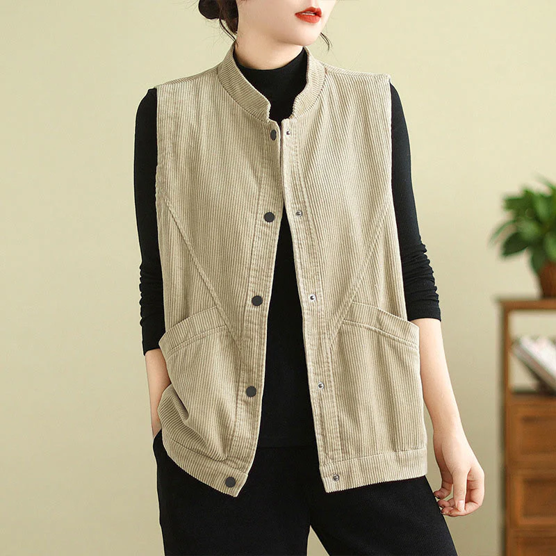 Gilet in velluto a coste di cotone Buddha Stones, senza maniche, da donna, con tasche