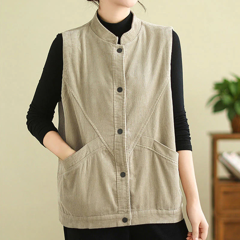 Gilet in velluto a coste di cotone Buddha Stones, senza maniche, da donna, con tasche - Image 6