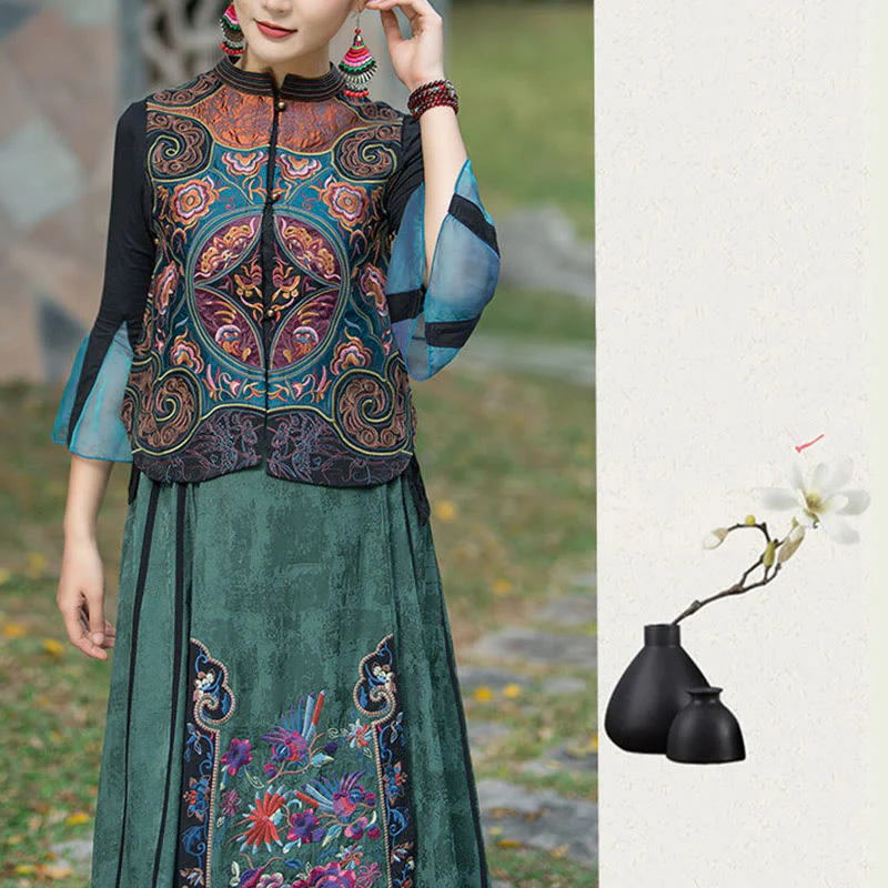 Gilet senza maniche con ricamo in stile vintage con Buddha Stones e fiori Tang - Image 15