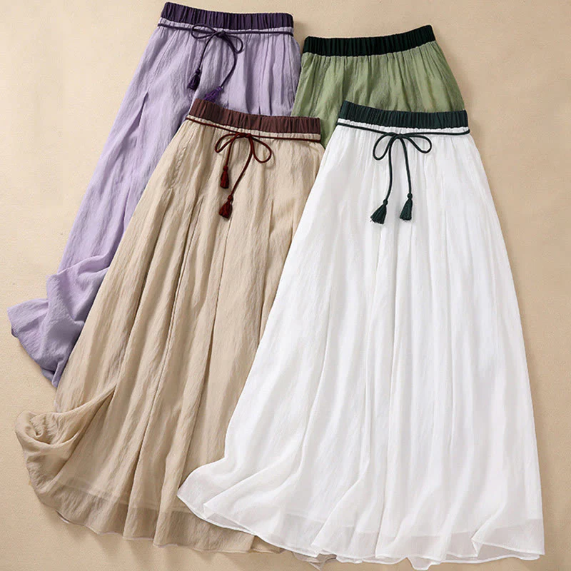 Gonna da donna in cotone e lino, lunghezza 7-8, con lacci, casual e a pieghe, in contrasto di colore, Buddha Stones - Image 35