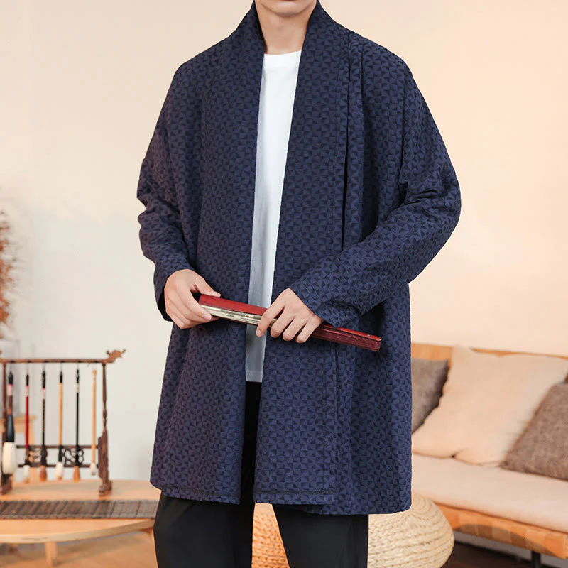 Kimono da uomo in cotone a maniche lunghe con motivo semplice in jacquard invernale Buddha Stones