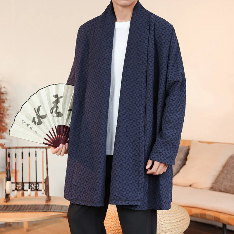 Kimono da uomo in cotone a maniche lunghe con motivo semplice in jacquard invernale Buddha Stones - Image 2