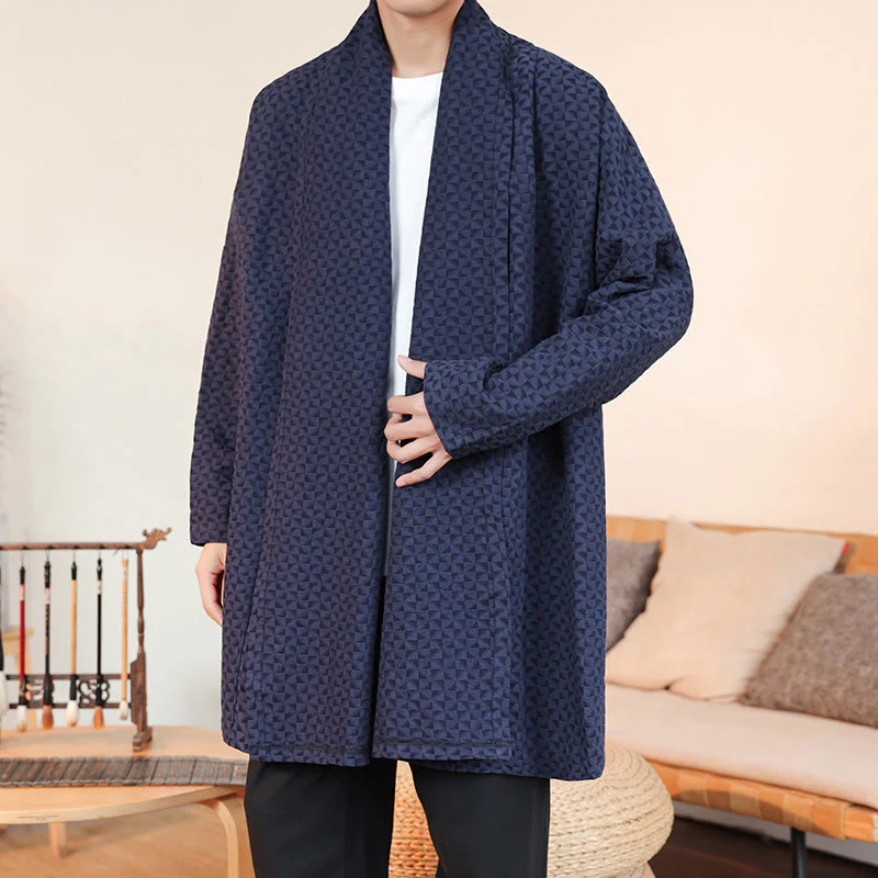 Kimono da uomo in cotone a maniche lunghe con motivo semplice in jacquard invernale Buddha Stones - Image 4