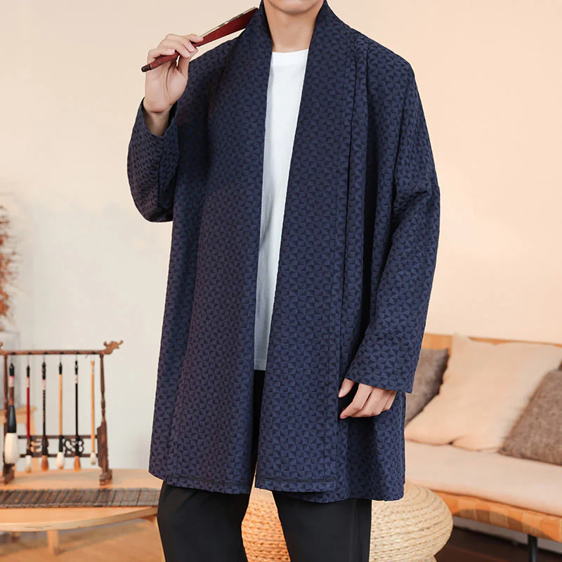Kimono da uomo in cotone a maniche lunghe con motivo semplice in jacquard invernale Buddha Stones - Image 7
