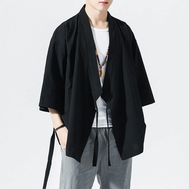 Giacca aperta sul davanti in cotone e lino da uomo, kimono con maniche a tre quarti, stile Buddha Stones Tang Suit - Image 10