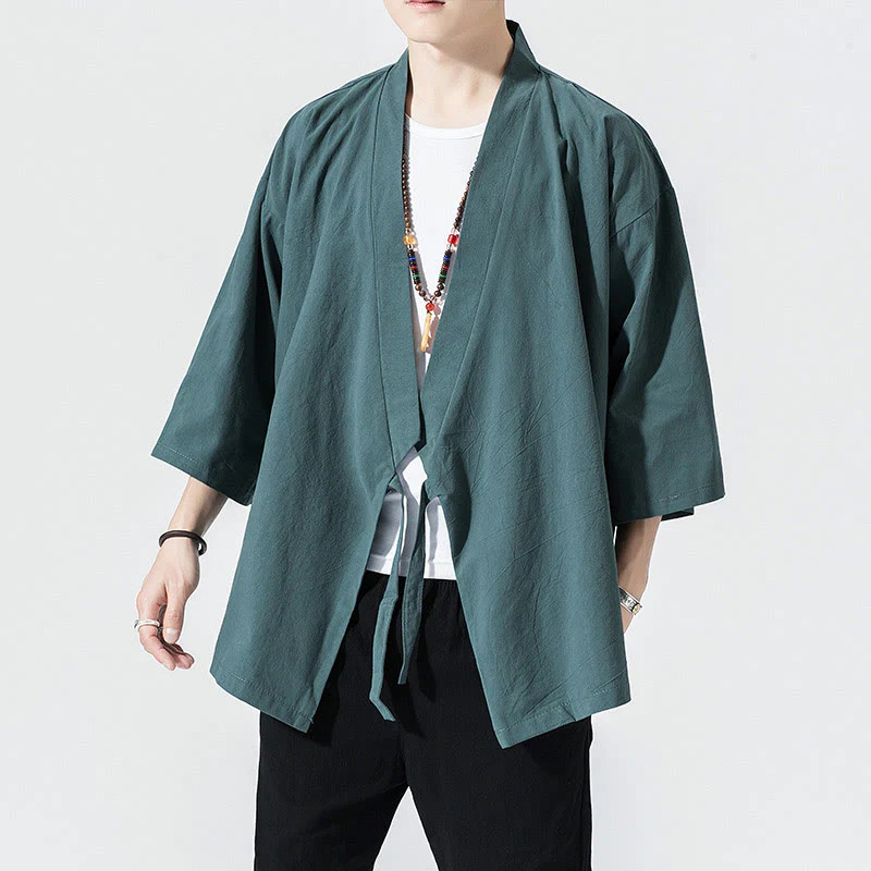 Giacca aperta sul davanti in cotone e lino da uomo, kimono con maniche a tre quarti, stile Buddha Stones Tang Suit - Image 2