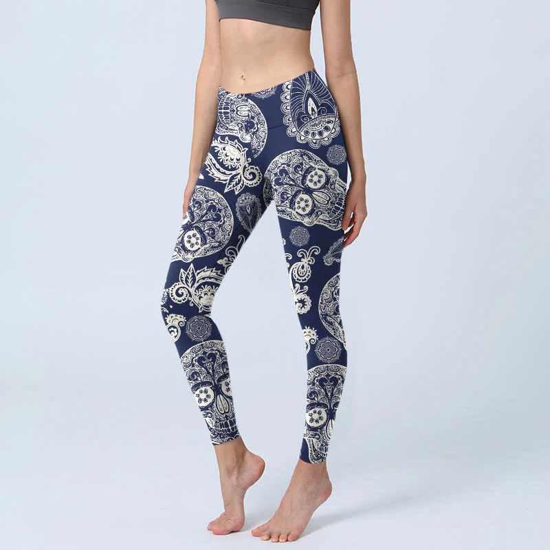 Leggings da palestra con motivo a teschio e pianta Paisley Buddha Stones, pantaloni da yoga da donna