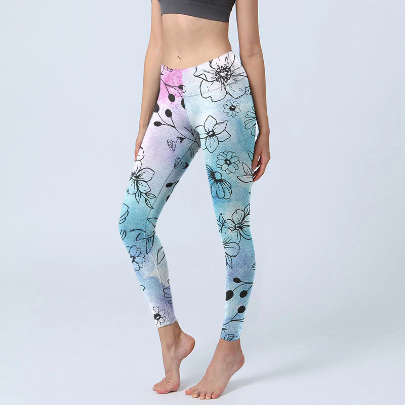 Leggings da palestra con stampa a Buddha Stones e fiori disegnati a linee nere, da donna, pantaloni da yoga