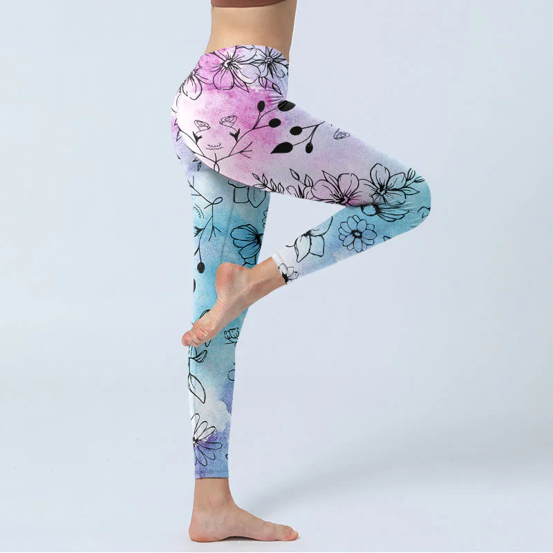 Leggings da palestra con stampa a Buddha Stones e fiori disegnati a linee nere, da donna, pantaloni da yoga - Image 5