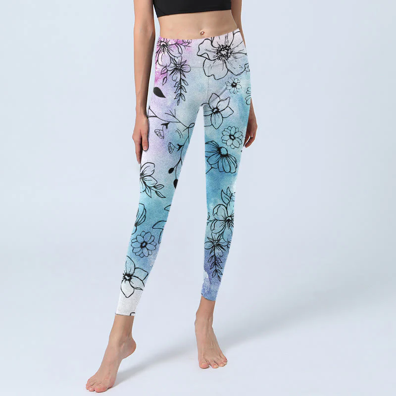 Leggings da palestra con stampa a Buddha Stones e fiori disegnati a linee nere, da donna, pantaloni da yoga - Image 6