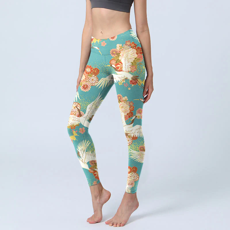 Leggings da palestra con stampa a farfalla, motivo a gru coronate rosse, Buddha Stones , pantaloni da yoga da donna