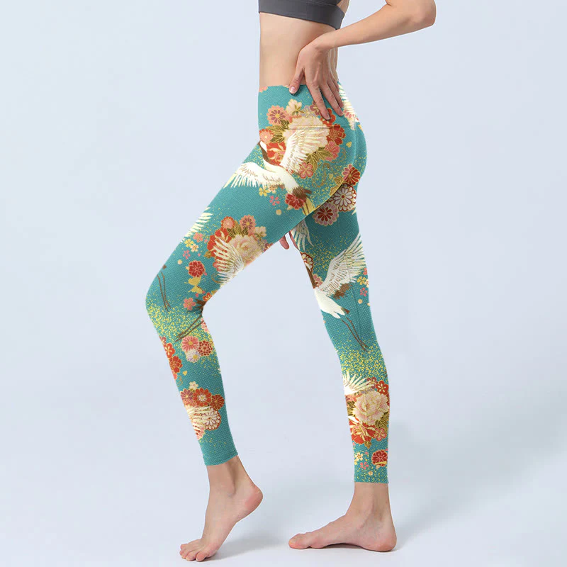 Leggings da palestra con stampa a farfalla, motivo a gru coronate rosse, Buddha Stones , pantaloni da yoga da donna - Image 3