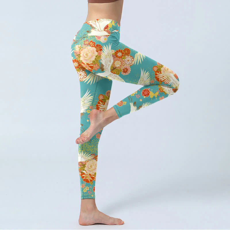 Leggings da palestra con stampa a farfalla, motivo a gru coronate rosse, Buddha Stones , pantaloni da yoga da donna - Image 4