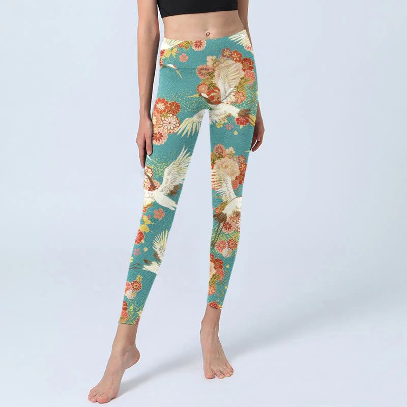 Leggings da palestra con stampa a farfalla, motivo a gru coronate rosse, Buddha Stones , pantaloni da yoga da donna - Image 6