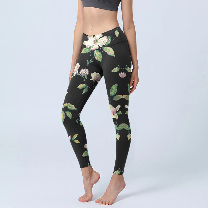 Leggings da palestra con stampa a fiori di magnolia Buddha Stones, pantaloni da yoga da donna