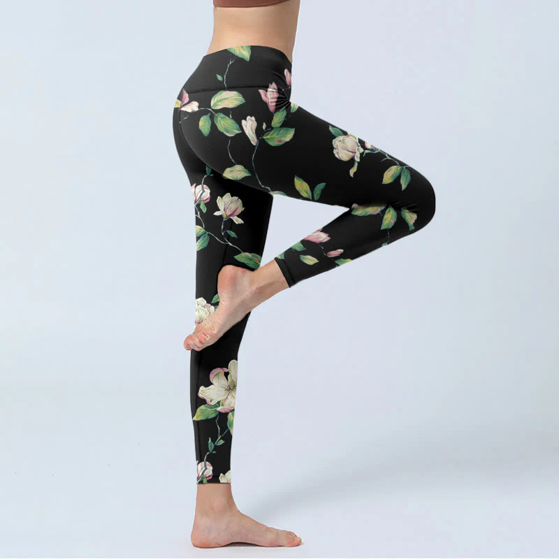Leggings da palestra con stampa a fiori di magnolia Buddha Stones, pantaloni da yoga da donna - Image 5