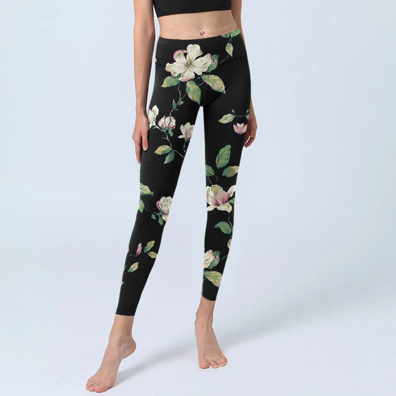 Leggings da palestra con stampa a fiori di magnolia Buddha Stones, pantaloni da yoga da donna - Image 6