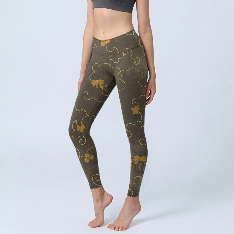 Leggings da palestra con stampa a foglia d'acero e motivo a nuvola Buddha Stones, pantaloni da yoga da donna