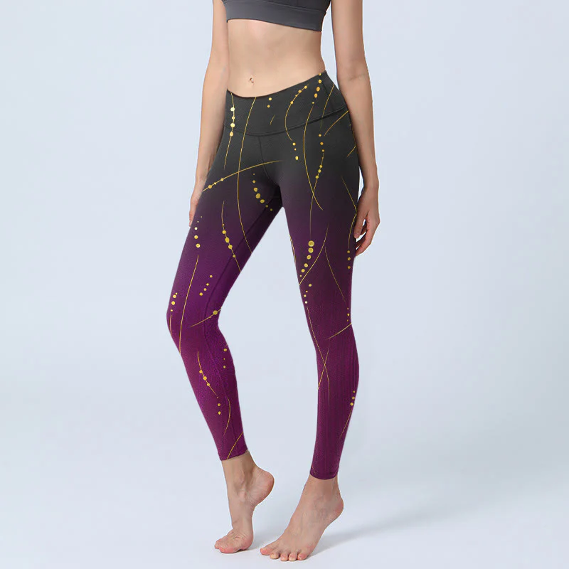 Leggings da palestra con stampa a linee dorate, sottili e lunghe, con motivo astratto sfumato Buddha Stones, pantaloni da yoga da donna