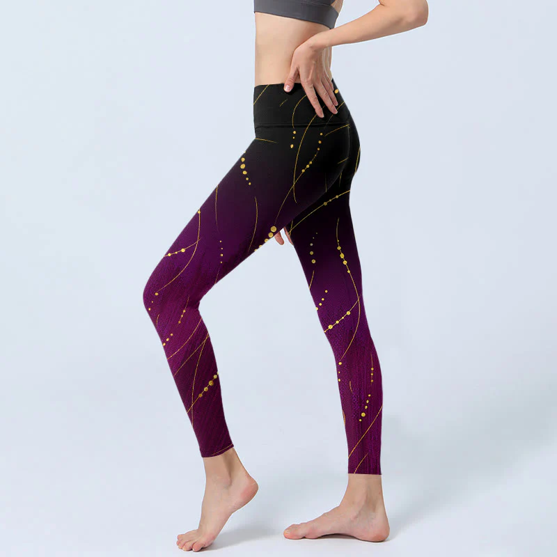 Leggings da palestra con stampa a linee dorate, sottili e lunghe, con motivo astratto sfumato Buddha Stones, pantaloni da yoga da donna - Image 3