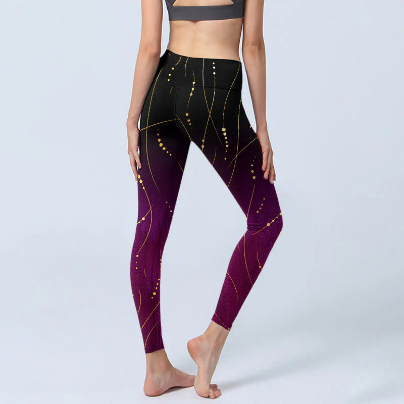 Leggings da palestra con stampa a linee dorate, sottili e lunghe, con motivo astratto sfumato Buddha Stones, pantaloni da yoga da donna - Image 4