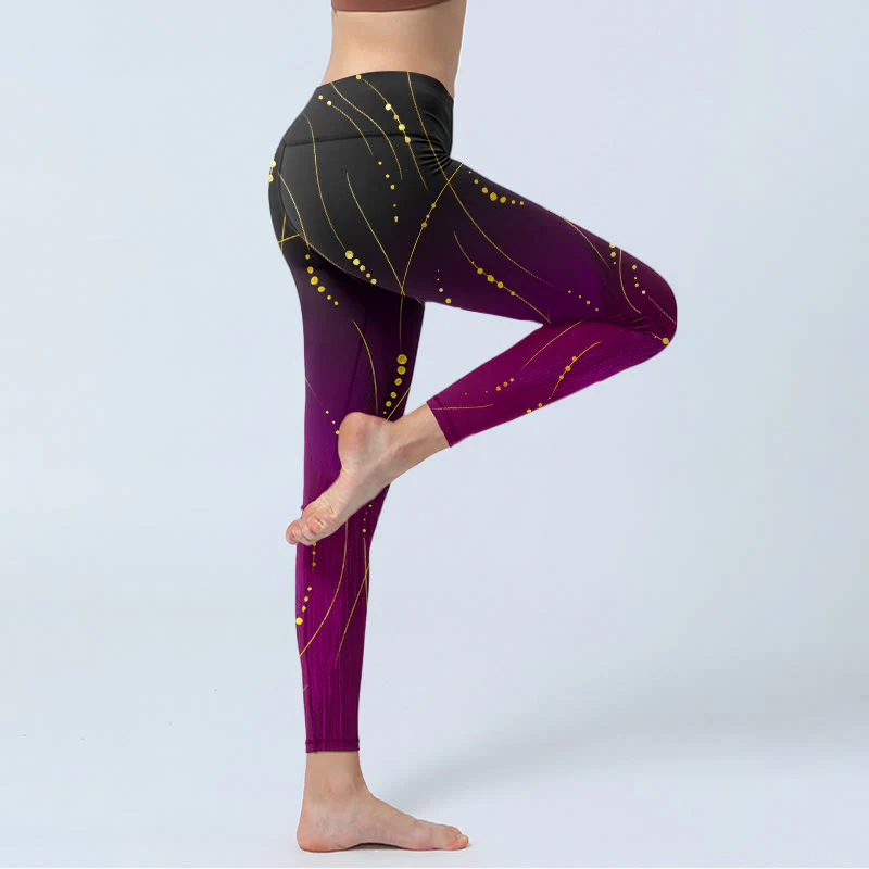 Leggings da palestra con stampa a linee dorate, sottili e lunghe, con motivo astratto sfumato Buddha Stones, pantaloni da yoga da donna - Image 5