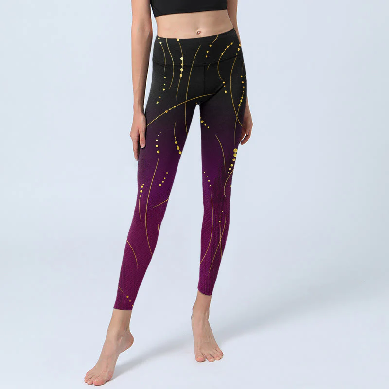 Leggings da palestra con stampa a linee dorate, sottili e lunghe, con motivo astratto sfumato Buddha Stones, pantaloni da yoga da donna - Image 6