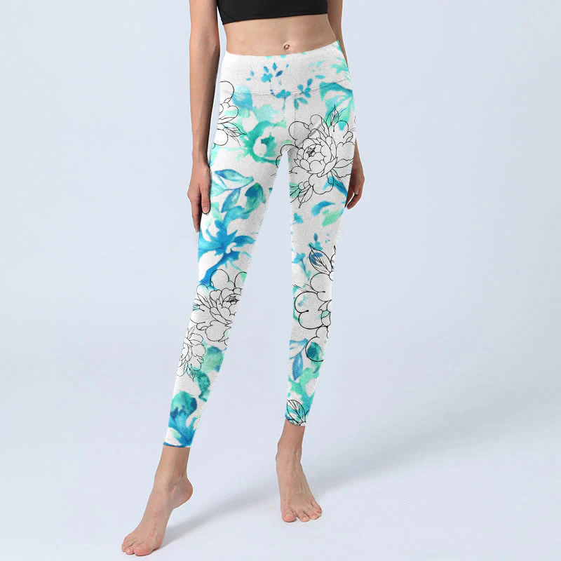 Leggings da palestra con stampa a motivi Buddha Stones Blue Watercolor Peony Flowers Lines Pantaloni da yoga da donna - Image 6