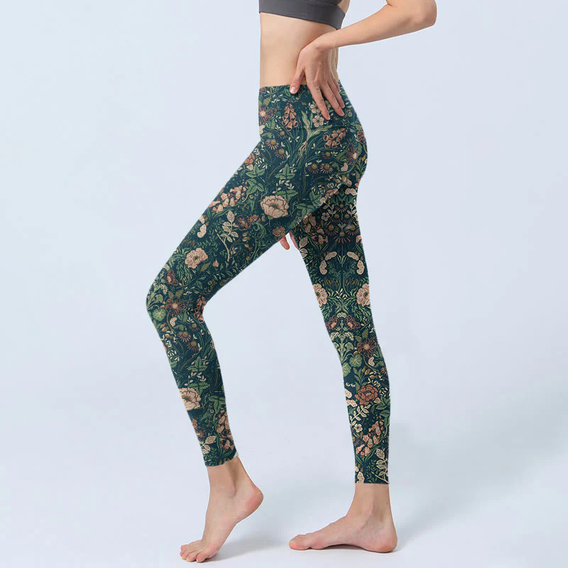 Leggings da palestra con stampa a motivo di Buddha Stones Green Stitching Flowers Vines da donna, pantaloni da yoga - Image 3