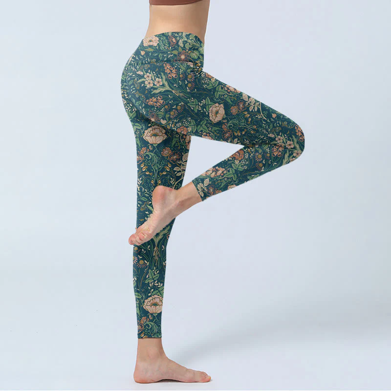 Leggings da palestra con stampa a motivo di Buddha Stones Green Stitching Flowers Vines da donna, pantaloni da yoga - Image 4