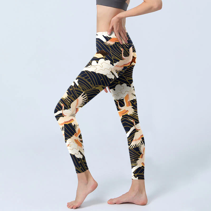 Leggings da palestra con stampa a motivo di Buddha Stones, gru dalla corona rossa, nuvole e onde del mare, pantaloni da yoga da donna - Image 3
