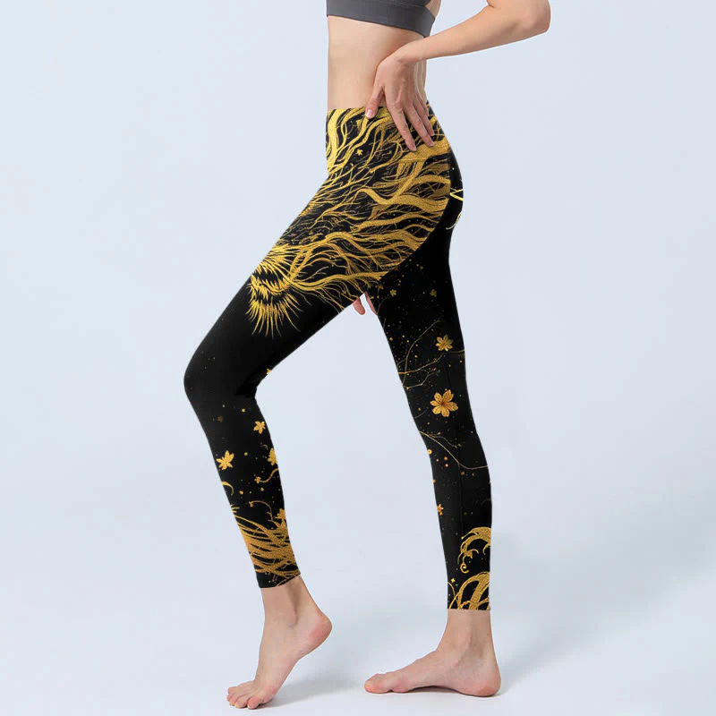 Leggings da palestra con stampa a motivo di drago dorato Buddha Stones, pantaloni da yoga da donna - Image 3
