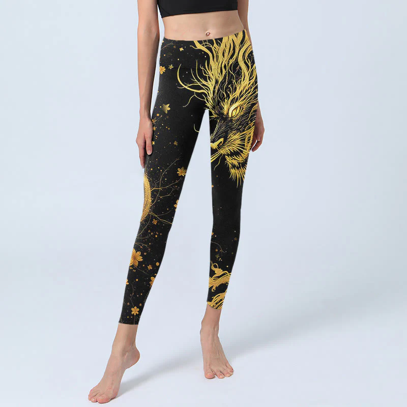 Leggings da palestra con stampa a motivo di drago dorato Buddha Stones, pantaloni da yoga da donna - Image 6