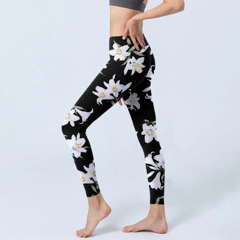 Leggings da palestra con stampa a motivo di foglie di Buddha Stones nero, pantaloni da yoga da donna - Image 3