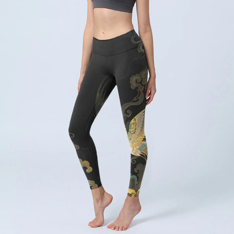 Leggings da palestra con stampa a motivo di nuvole e fenice che svettano Buddha Stones, pantaloni da yoga da donna