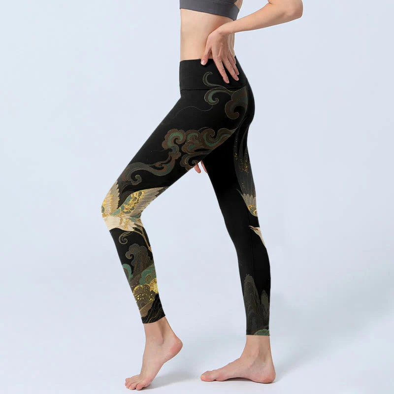 Leggings da palestra con stampa a motivo di nuvole e fenice che svettano Buddha Stones, pantaloni da yoga da donna - Image 3