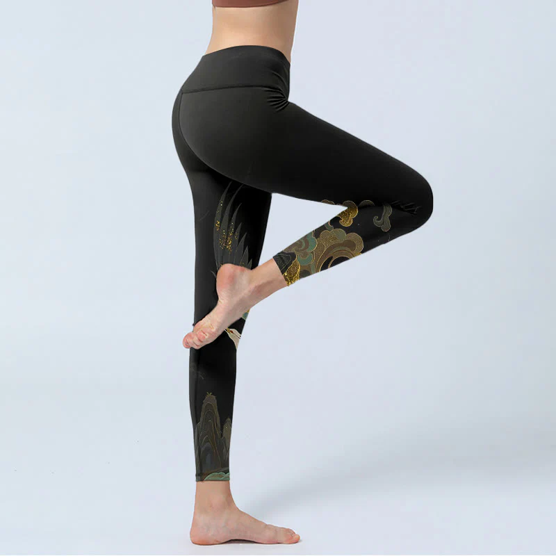 Leggings da palestra con stampa a motivo di nuvole e fenice che svettano Buddha Stones, pantaloni da yoga da donna - Image 5