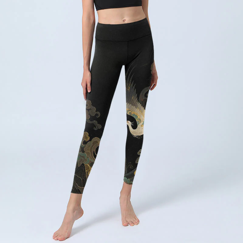 Leggings da palestra con stampa a motivo di nuvole e fenice che svettano Buddha Stones, pantaloni da yoga da donna - Image 6