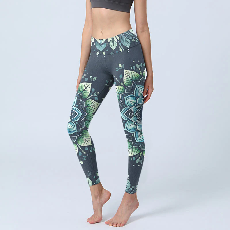 Leggings da palestra con stampa a motivo floreale, simbolo Om simmetrico Buddha Stones, pantaloni da yoga da donna