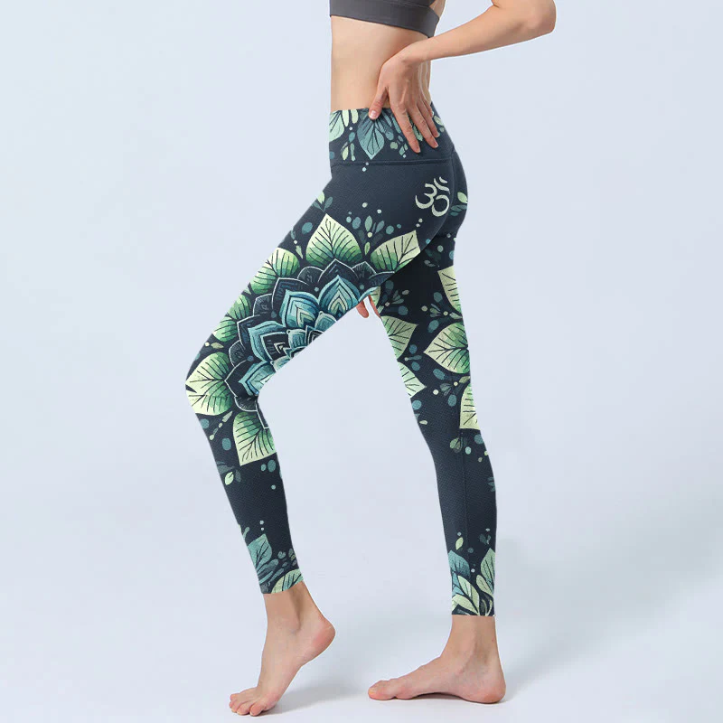 Leggings da palestra con stampa a motivo floreale, simbolo Om simmetrico Buddha Stones, pantaloni da yoga da donna - Image 3
